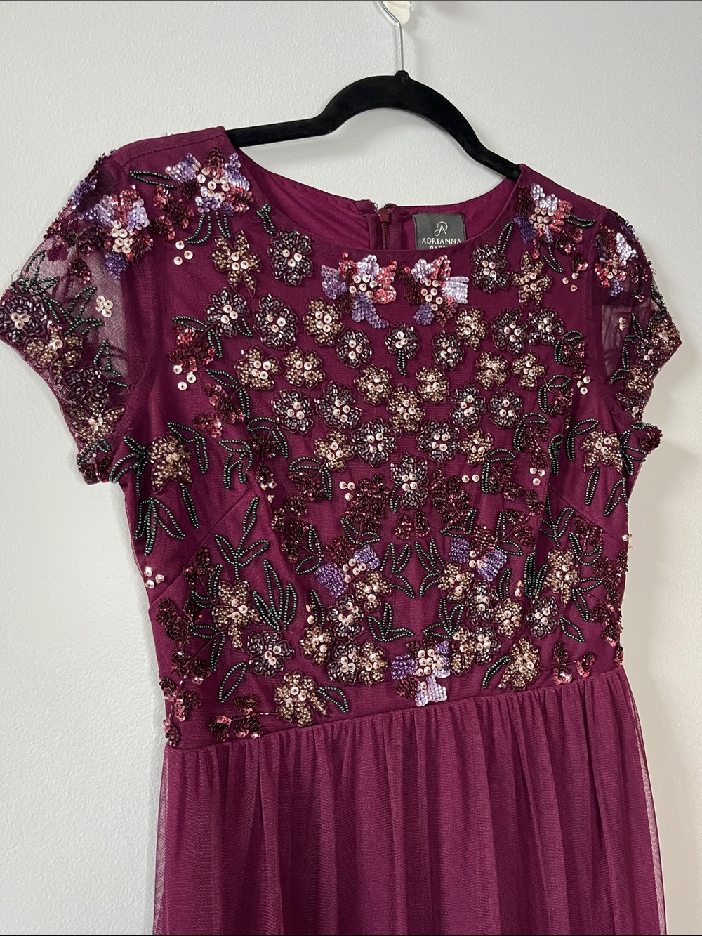 Adrianna Papell Beaded Floral Embroidery magenta plum maxi formal dress - Picture 3 of 7